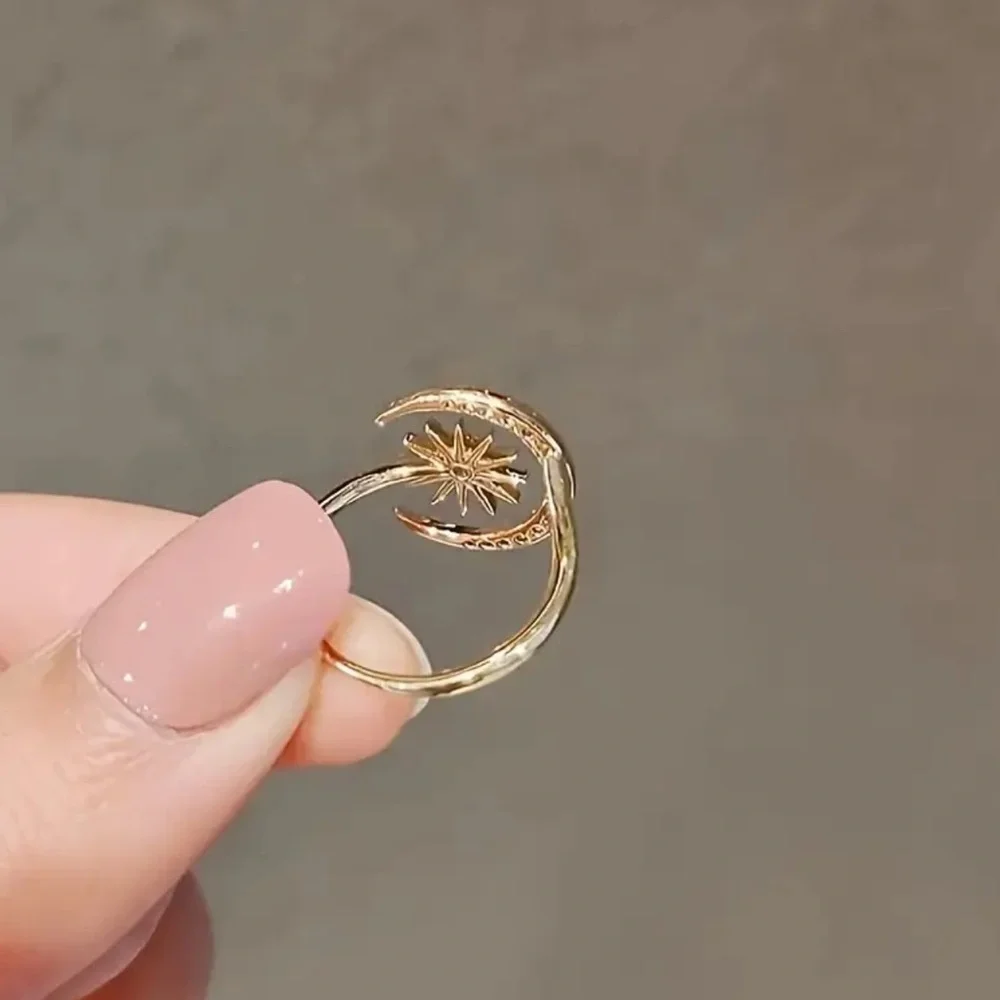Adjustable Moon & Star Ring | Zinc Alloy Open Couple Ring with Rhinestones 🌙⭐️